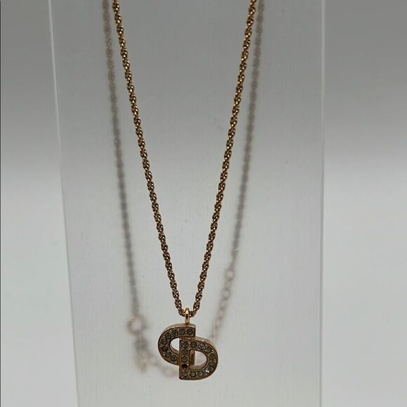 CHRISTIAN DIOR VINTAGE "CD" CRYSTAL CHARM GOLD NECKLACE - Picture 1 of 6
